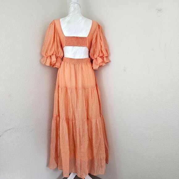MOON RIVER Womens Sz S Puff Sleeve Tiered Back cutout Midi Dress Coral Cocktail - Picture 5 of 16